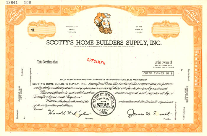 Scotty's Home Builders Supply, Inc. - Stock Certificate